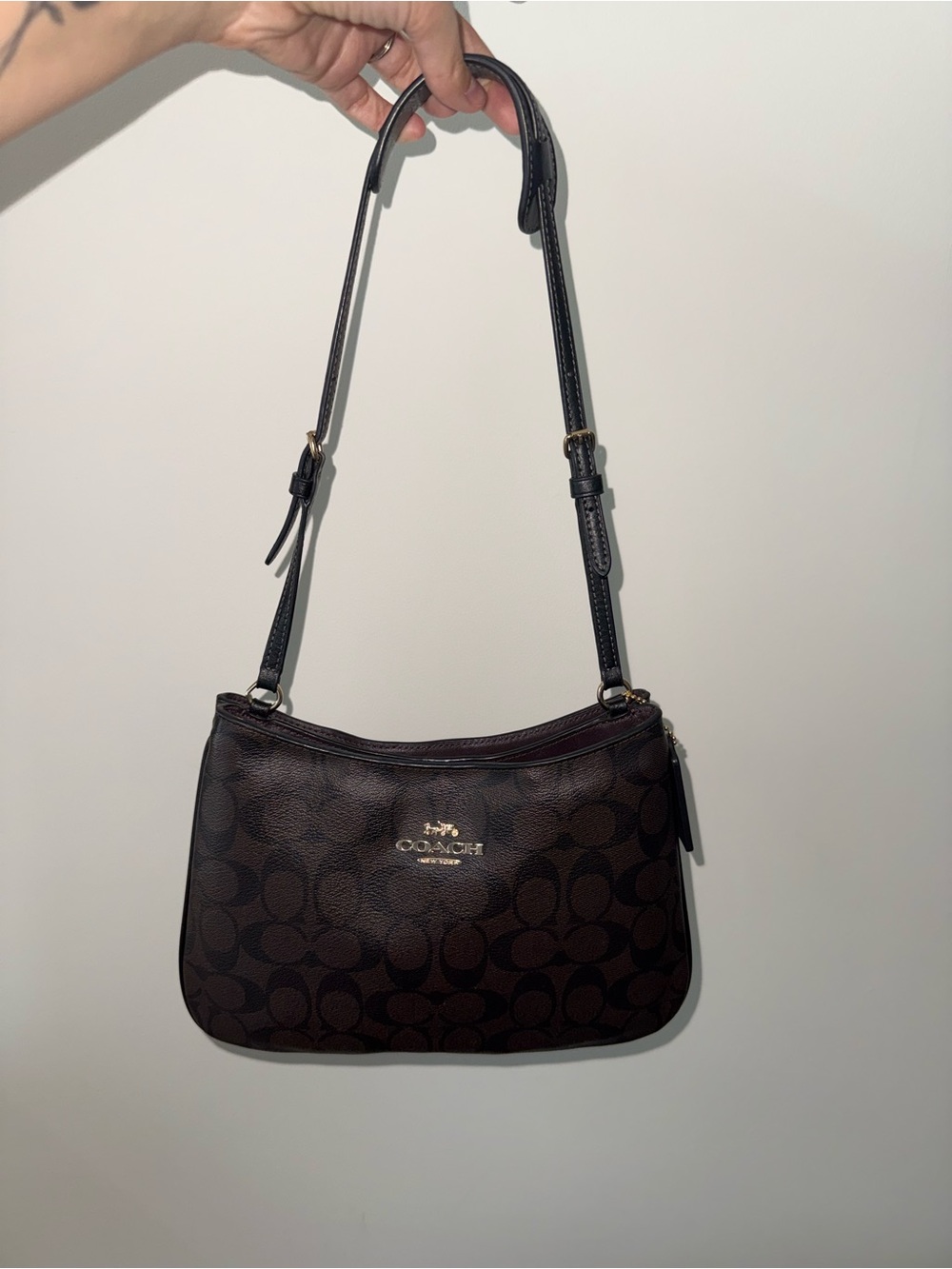 Coach Brown Signature Jacquard Shoulder Bag with Gold Hardware